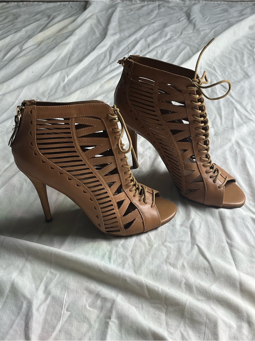 Nine West Tan Cutout Lace-Up Peep-Toe High Heel Booties